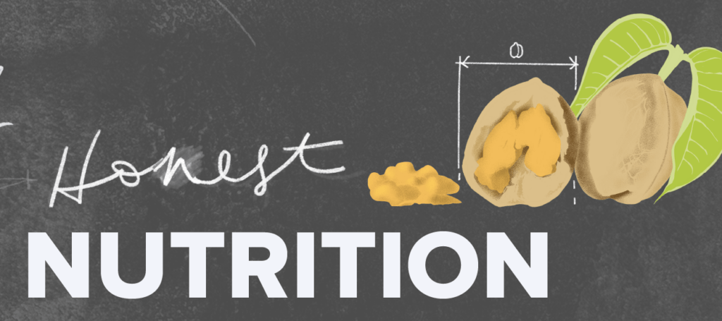 honest nutrition banner illustration of walnuts on dark grey background